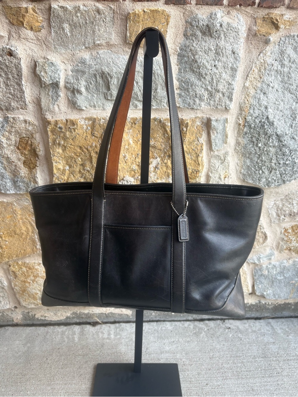 Coach Black Leather Shoulder Tote with Brown Strap Lining #1589